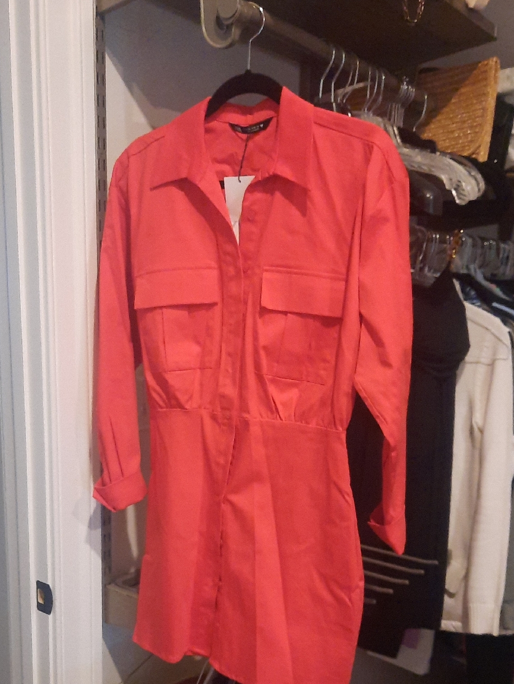 Zara Red Utility Shirt Dress with Chest Flap Pockets